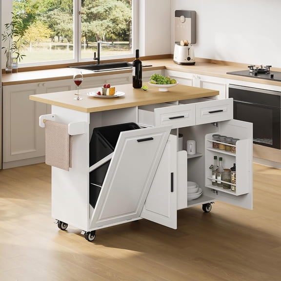 Rolling Kitchen Island with Trash Can Storage, Kitchen Island Cart on Wheels with Drop Leaf & Power Outlet, Towel Rack & Spice Rack, Large Mobile Island Table for Kitchen