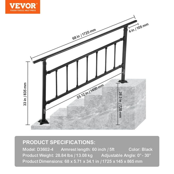 Matte Black Outdoor Stair Railing for 1-5 Steps, Wrought Iron Handrail with Fence, Adjustable Exterior Railing for Concrete Steps, Includes Installation Kit