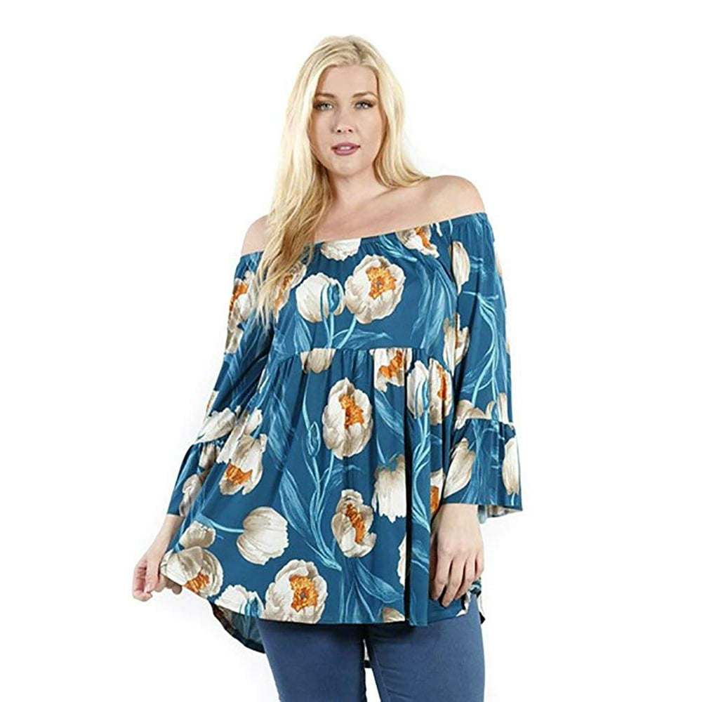 Fourever Funky Womens Plus Size Floral Off the Shoulder Fashion Top U