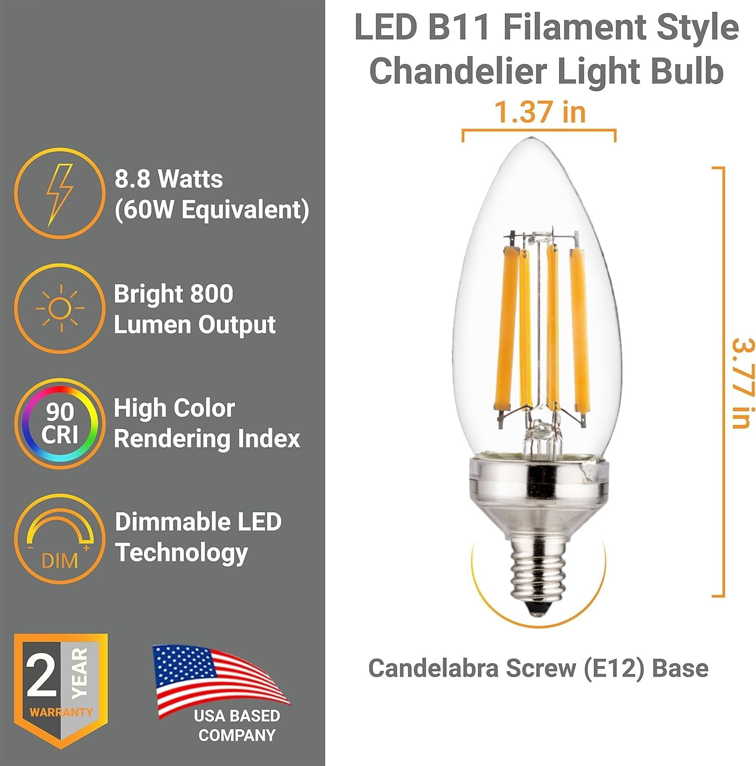 Diodesy- Pack of 6 CTC/LED/FS/8.8W/E12/CL/27K E12 LED Candelabra Dimmable Light Bulb, 8.8W (75-Watt Equivalent), 2700K Warm White, B11 Edison Bulb for Chandeliers and Ceiling Fan, 800LM, UL Listed