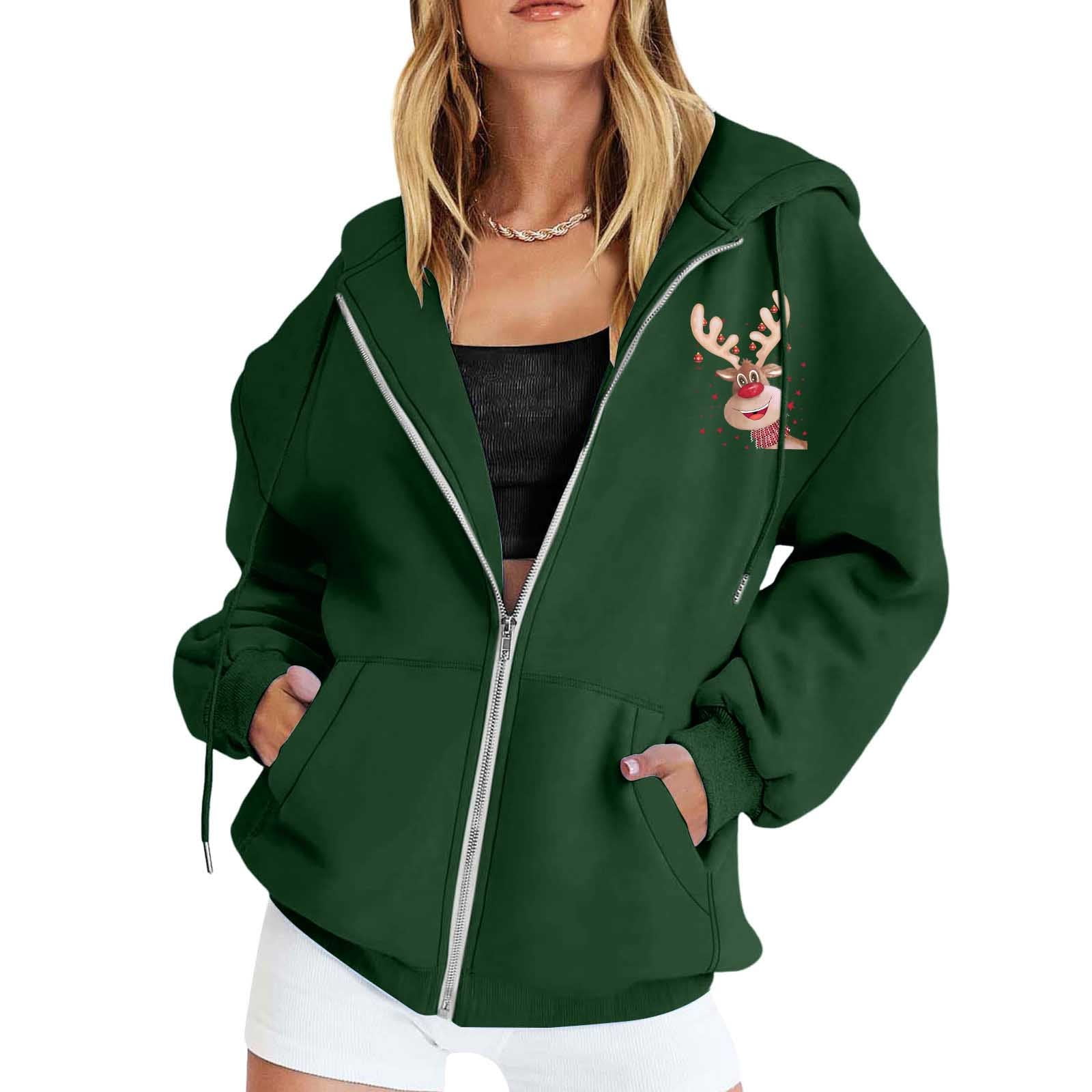 Ugly Christmas Hoodies for Women Zip Up Xmas Graphic Print Fleece Hooded Sweatshirts Funny Holiday Party Casual Jackets