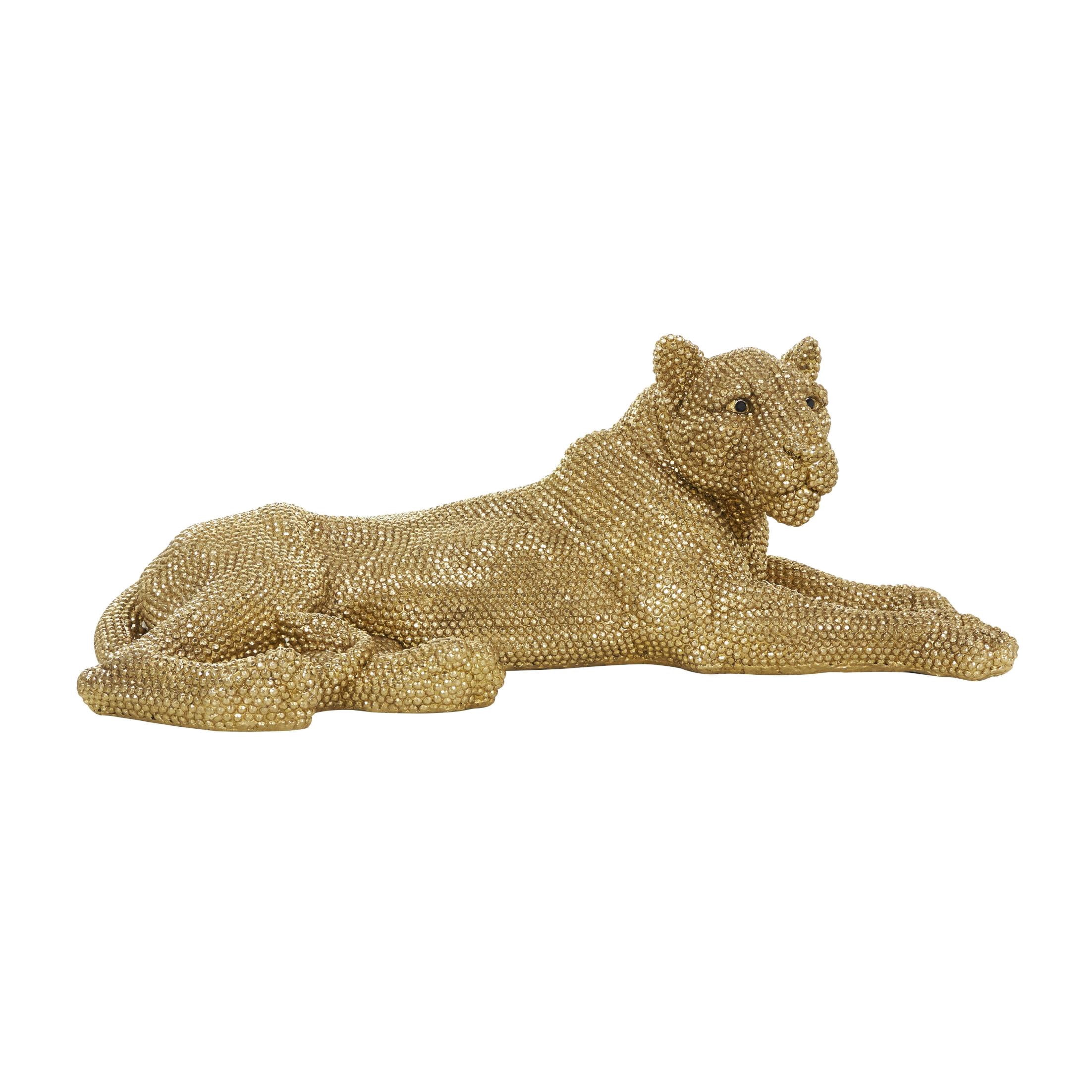 40" x 15" Gold Resin Laying Floor Leopard Sculpture with Carved Faceted Diamond Exterior, by DecMode
