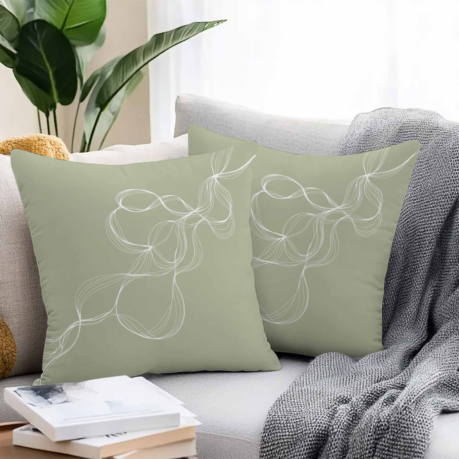 Outdoor Waterproof Throw Pillow Covers Set of 2 Sage Green Twisted Lines Decorative Pillowcases Square Outdoor Pillows Cushion Case 16x16 Inch Abstract Art Patio Pillows for Couch Sofa Bed Garden
