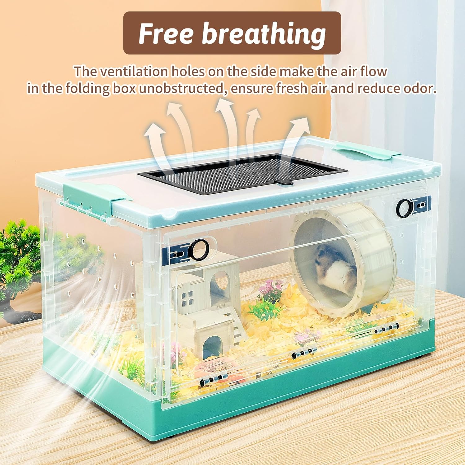 Portable Foldable Hamster Cage with Wheel, Castle Habitat, and Exercise Wheel, Easy to Move and Store for Guinea Pigs, Rats, and Other Small Animals (Blue)