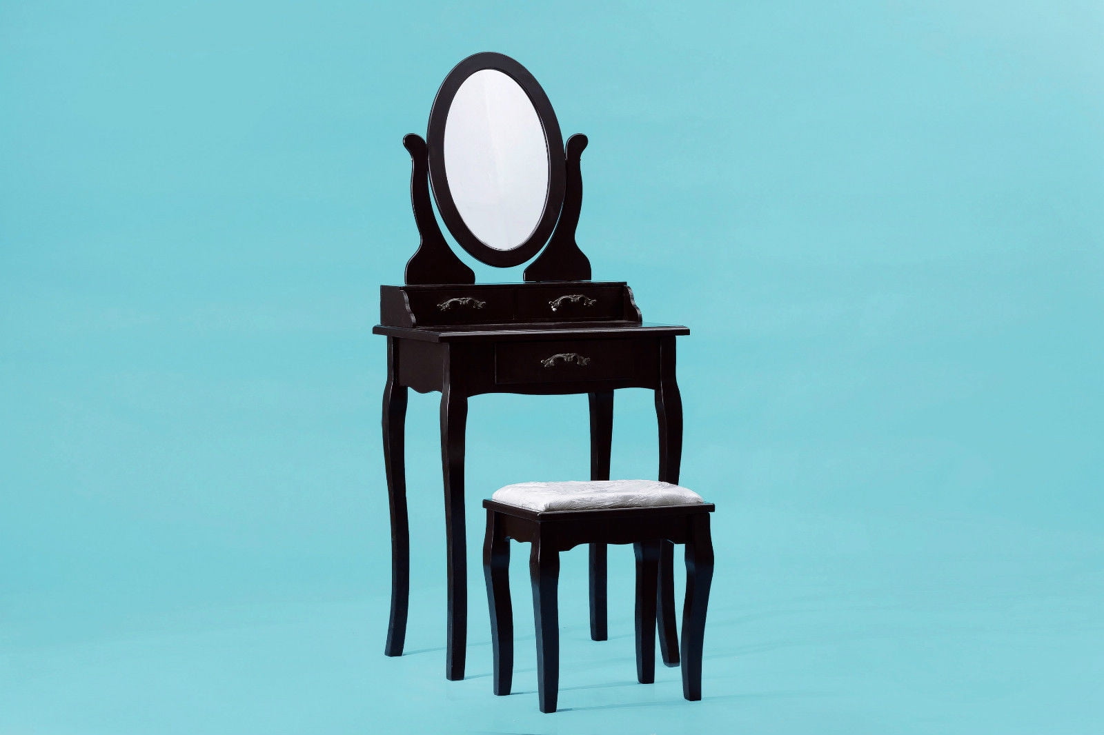 ViscoLogic Wooden Mirrored Makeup Vanity Table Set with Cushioned Stool