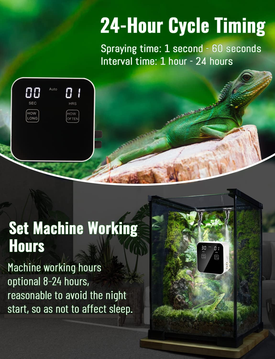 Automatic Reptile Mister Timer System, Quiet Terrarium Fogger Humidifier, Fine Mist Nozzles Water Shortage Protection for Reptiles Amphibians Chameleons