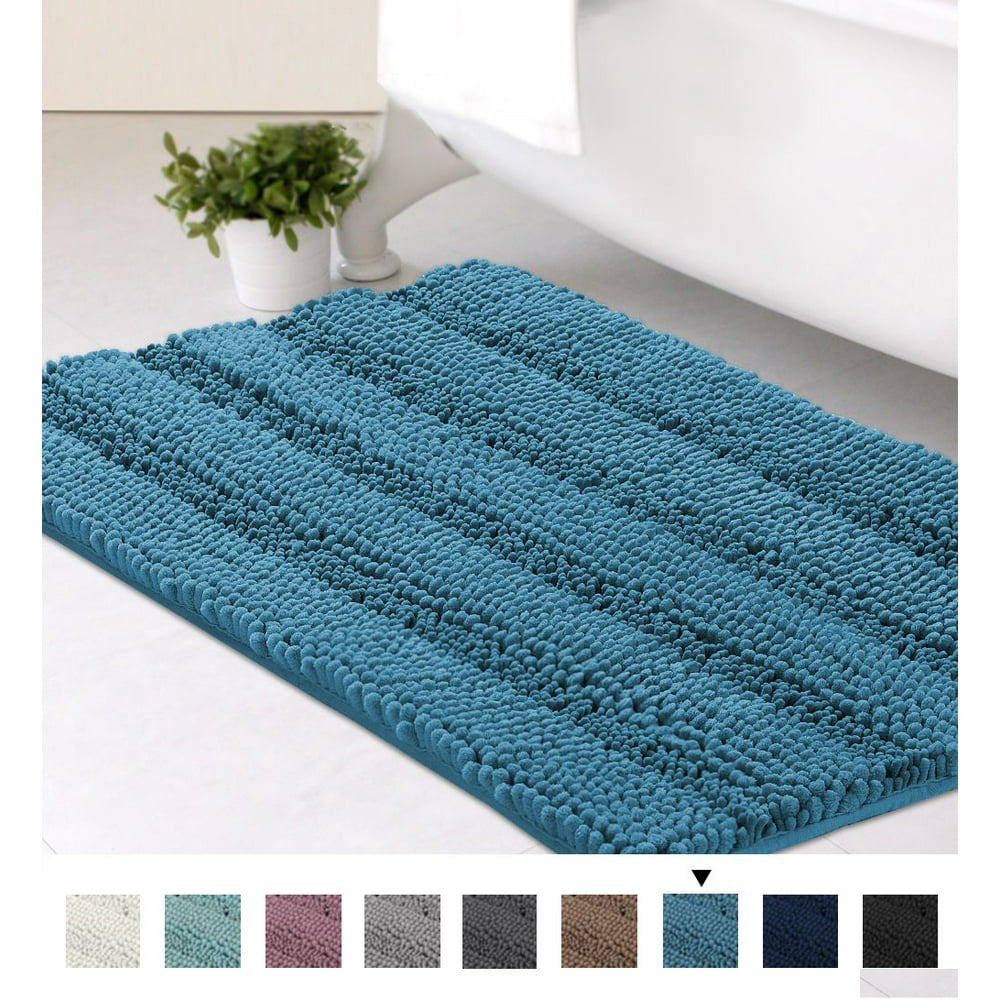 Turquoise Blue Striped Chenille Bath Rug Super Soft Microfiber Non Slip