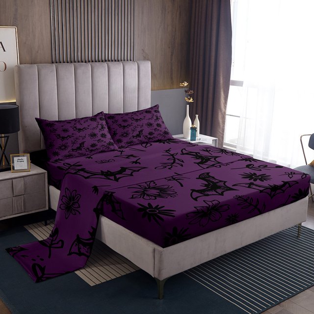 Erosebridal Ensemble de Draps Gothique d'Halloween Format Simple, Draps à Motif de Chauves-Souris Simple, Violet 3 Pcs
