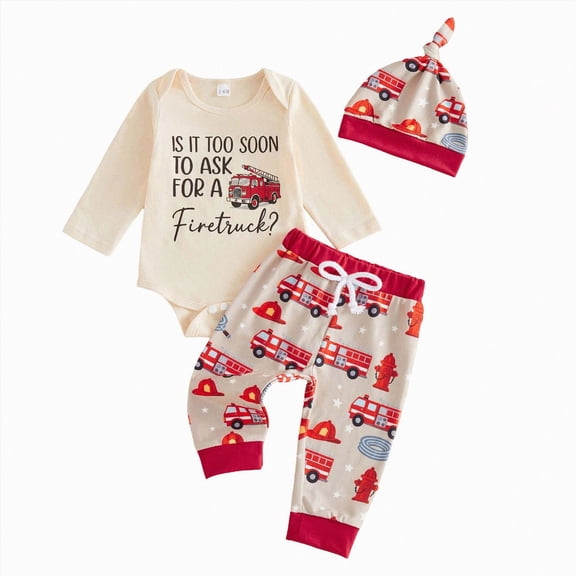 UAYOTSE Baby Boys 3 Piece Outfit Fire Truck Print Bodysuit Pants Hat Infant Casual Clothing Size 6-12 Months