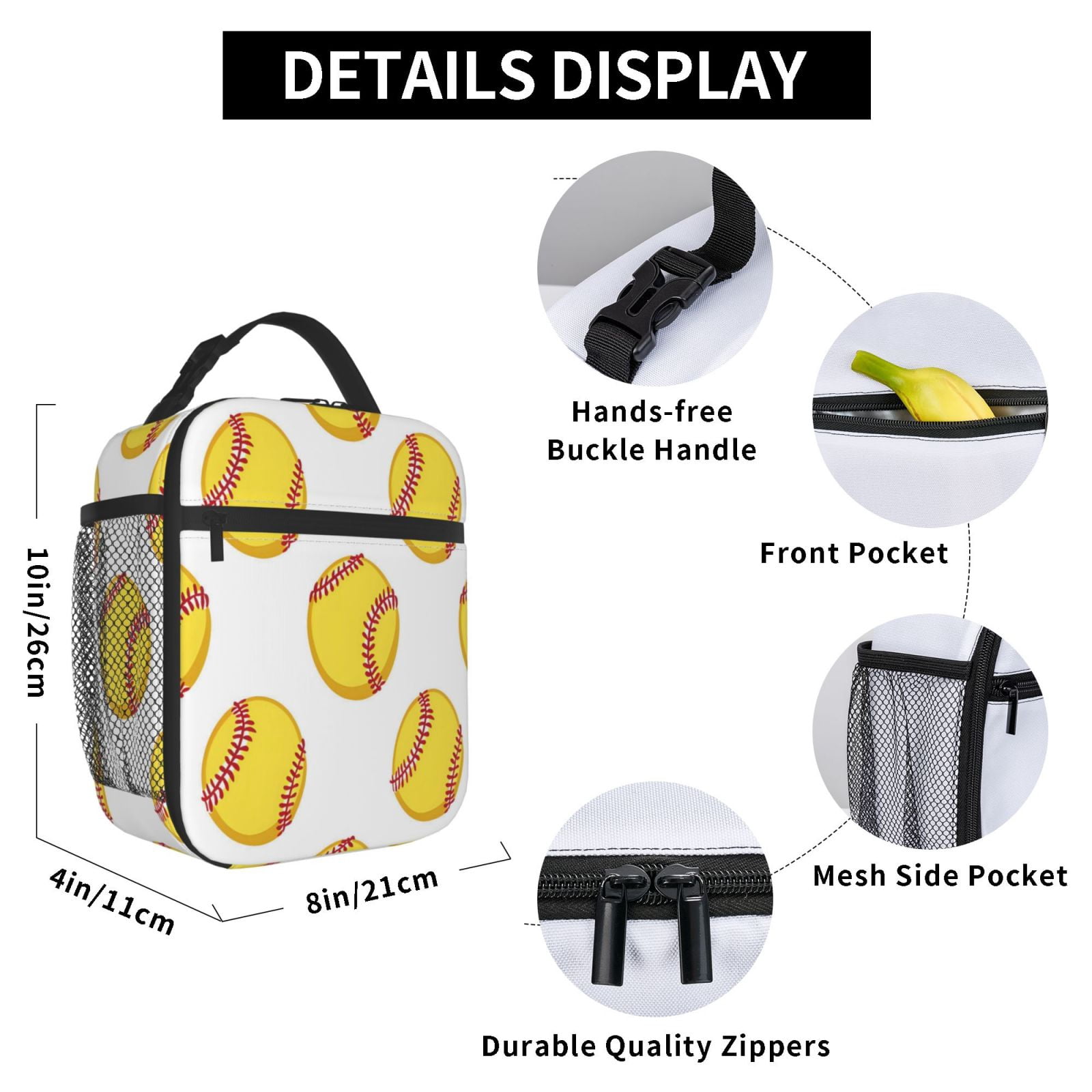 Lunch Bag For Women Men Insulated Portable Lunch Box Bento Box Office Picnic Travel Cooler Bag Yellow Softballs With Red Stitching Clean White Background (3)