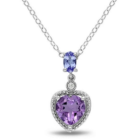 1-1/4 Carat T.G.W. Amethyst and Tanzanite with Diamond-Accent Sterling Silver Halo Heart Pendant, 18