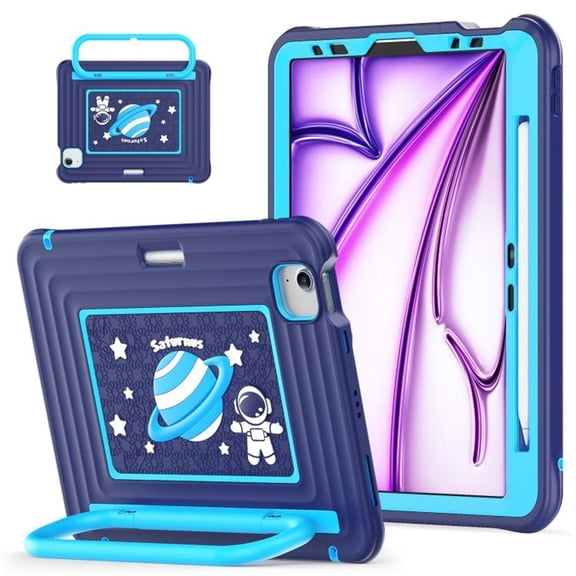 Heavy Duty Shockproof Case For iPad Air 11 2026 / 2025 / 2024,Anti Drop Silicone PC Layer Protective Case Handle Stand ,Shoulder Strap,Cartoon Pattern Three-layer Protective Tablet Cover,Dark blue