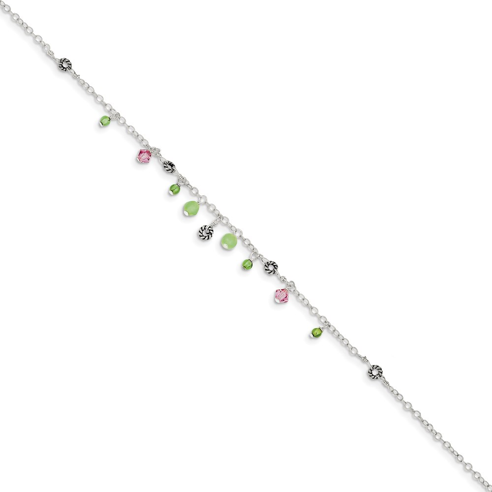 Sterling Silver Anklet Crystal 9 inch mm 9in Pink Green Quartz Peridot Beads