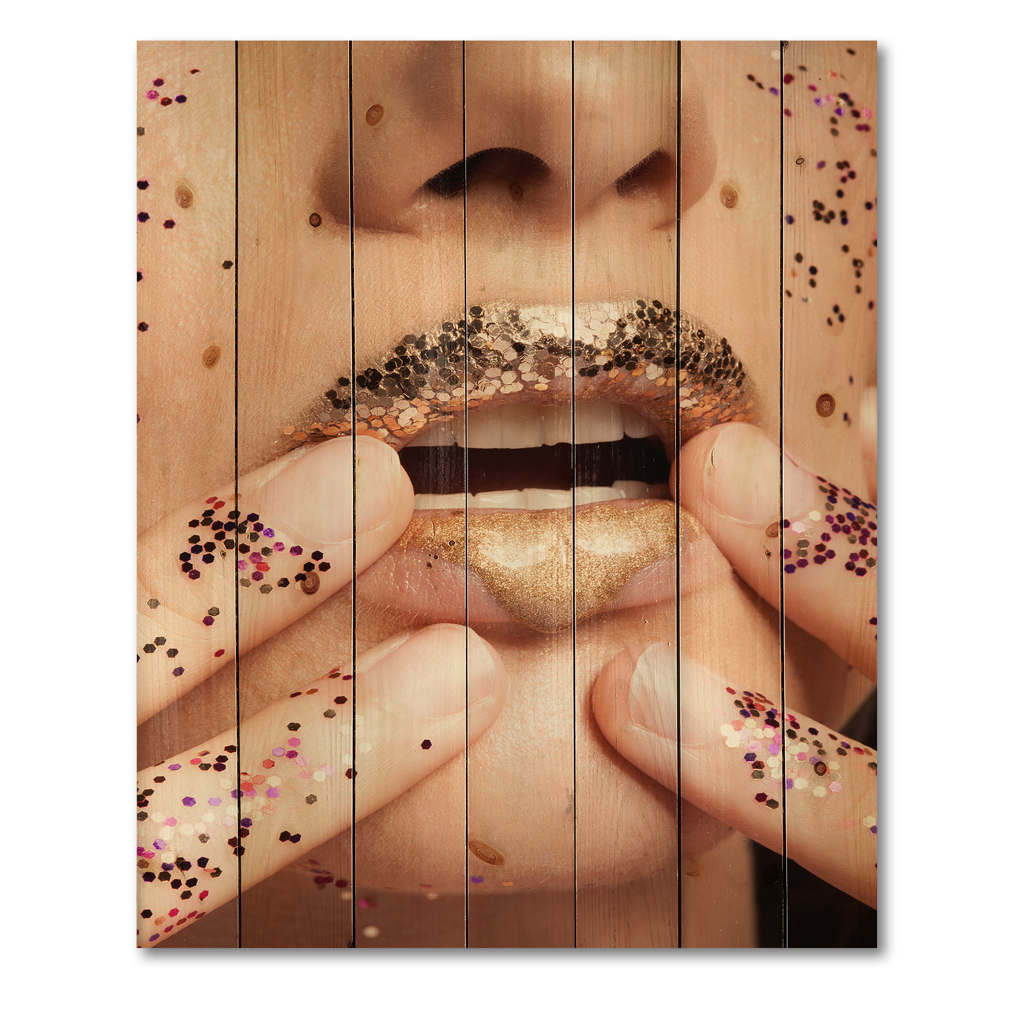 Designart 'Female With Golden Lips and Glitter On Her Hands' Modern Print on Natural Pine Wood