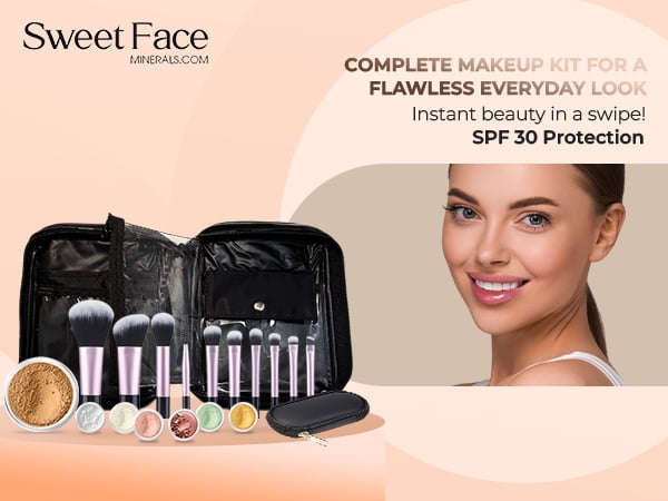 15 pc STARTER KIT w/BRUSHES & CASE (DEEP TAN) Mineral Makeup Foundation Blush Bronzer Illuminating Veil Set Bare Skin Matte Powder
