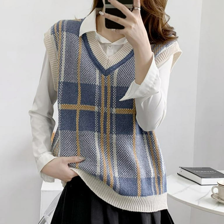 Plaid Sweater Vest Women Slouchy Autumn All-match Students Loose