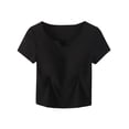 thumbnail image 3 of For Women's V-Neck Padded Short Sleeve T-Shirt - Slim Fit Ribbed Crop Top, Built-in Bra Yoga & Gym Workout Shirt, Casual Athletic Wear Black L, 3 of 8