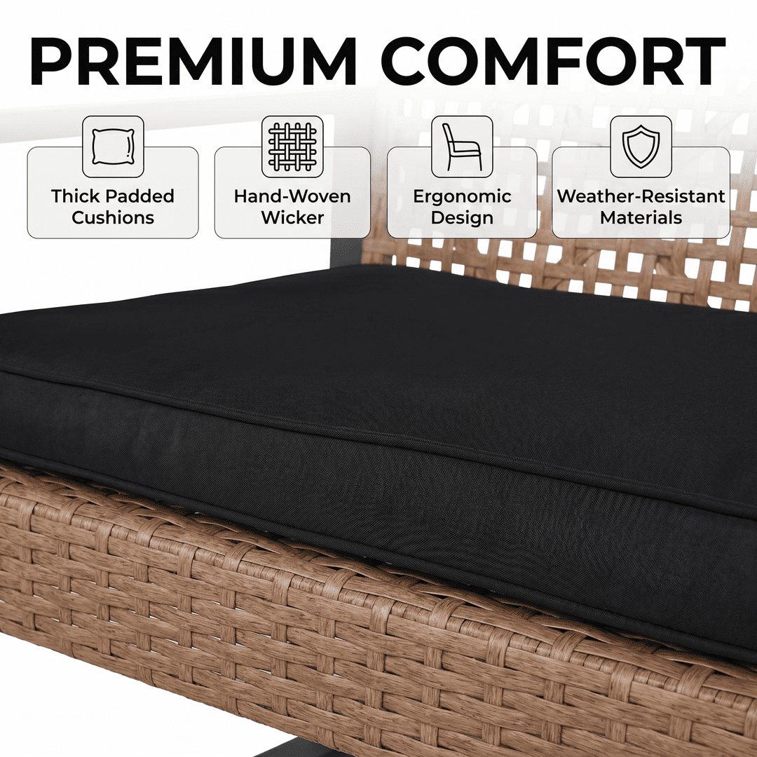 4-Piece Patio Furniture Set, Outdoor Conversation Set with Loveseat, 2 Chairs and Coffee Table, Wicker Patio Set for Porch, Balcony, Backyard, Black/Light Brown