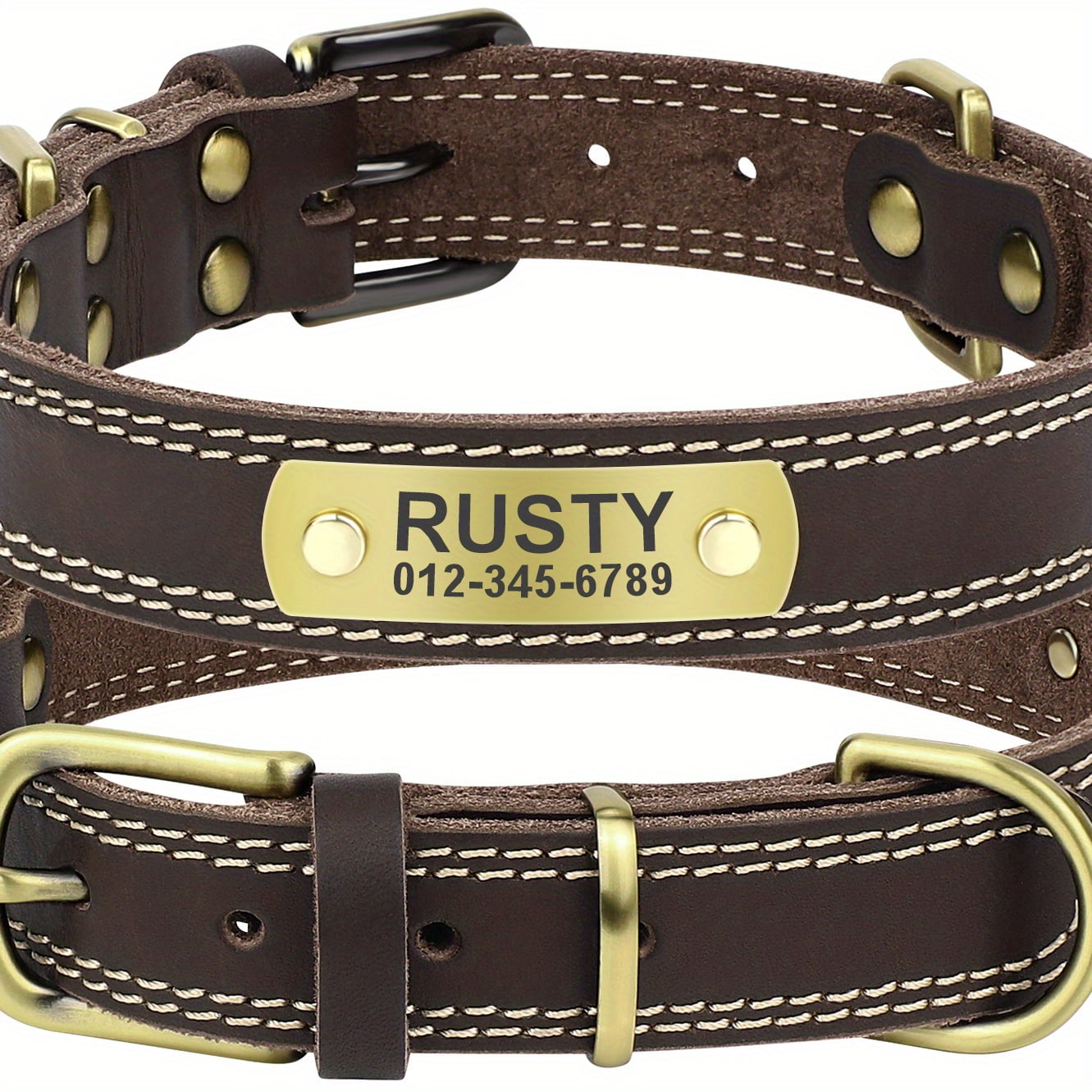 Unbrand Personalized Custom Heavy Duty Dog Collar Engraved Nameplate Durable Name Tag Comfortable Genuine Leather Id Collars For All Dog Sizes Ot