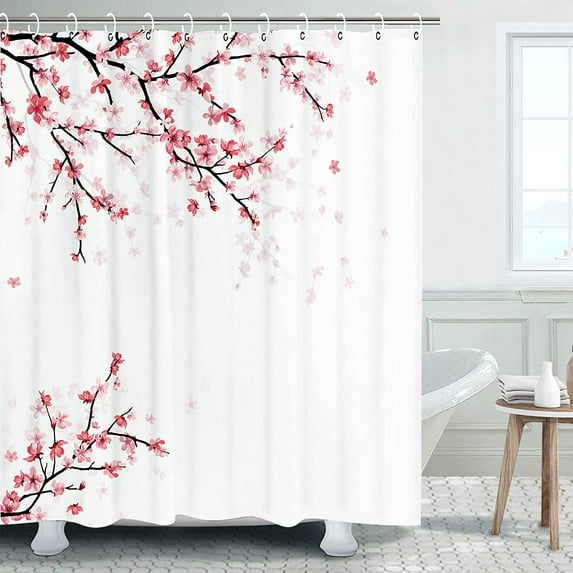 Cherry Blossom Shower Curtain Pink Floral Shower Curtain with 12 Hooks Sakura Fabric Bath Curtain Decorative Japanese Shower Curtain, 72" X 72"