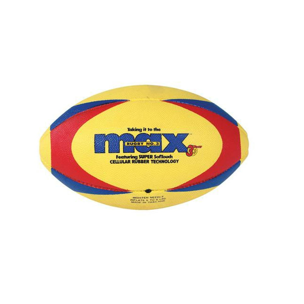 SportimeMax ProRubber Rugby Ball, Size 5, Yellow with Red/Blue Pattern
