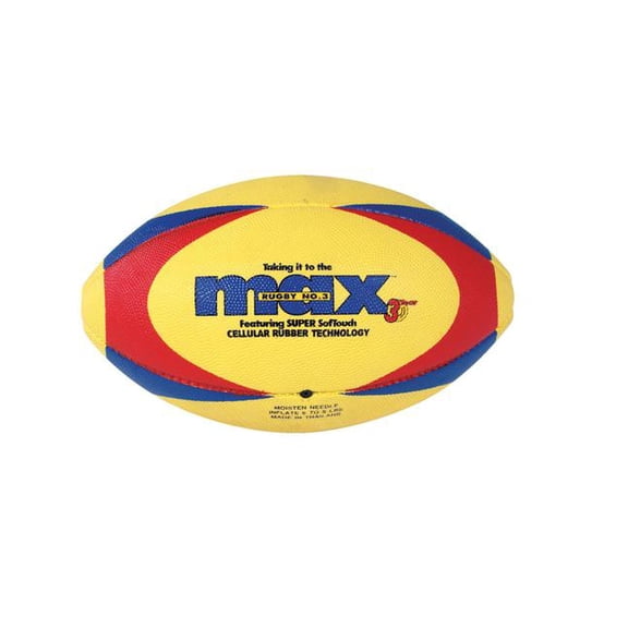 SportimeMax ProRubber Rugby Ball, Size 5, Yellow with Red/Blue Pattern