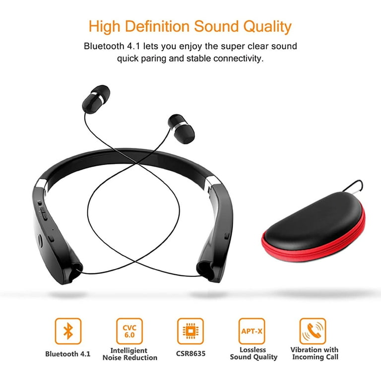 Foldable Bluetooth Headset Beartwo Lightweight Retractable Bluetooth Headphones for Sports Exercise Noise Cancelling Stereo Neckband Wireless Headset with carry case Walmart