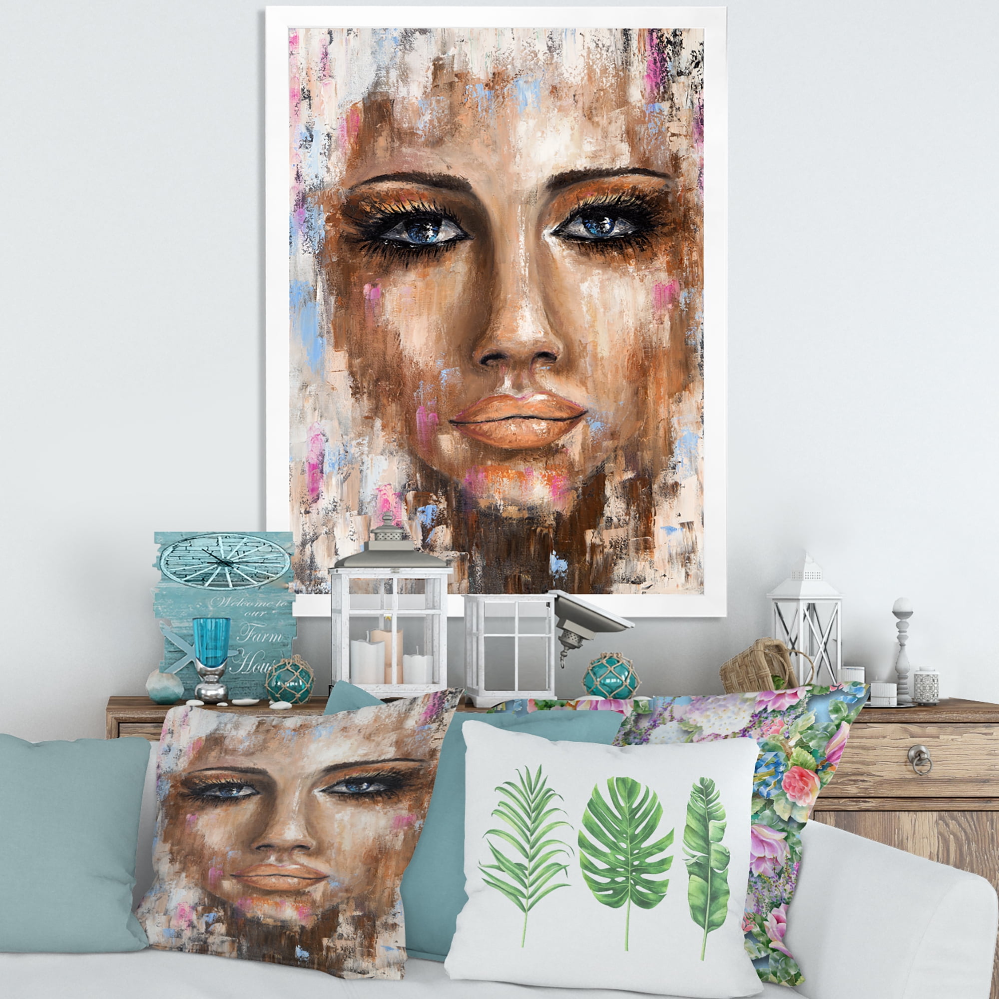 Designart 'Abstract Portrait Of A Young Woman With Blue Eyes I' Modern Framed Art Print