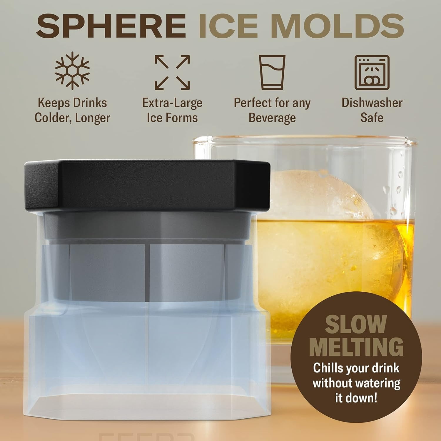 Silicone Freezer Press Sphere Ice Ball Maker Mold, 3 Pack for Large Round Craft Whisky Ice Balls - Bourbon, Scotch, Old Fashioned, Cocktail Drinks - by