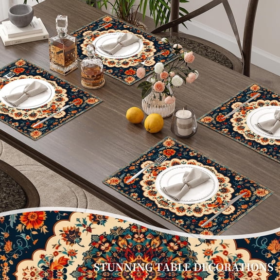 MIZHONA Mandala Bohemain Placemats Set of 4,Boho Linen Table Mats 12x18 in