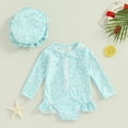 thumbnail image 2 of Bagilaanoe Toddler Baby Girl One-Piece Swimsuit Floral Print Long Sleeve Zipper Rashguard Swimwear + Swimming Cap 6M 9M 12M 18M 24M 3T Kids Ruffle Bathing Suit, 2 of 8