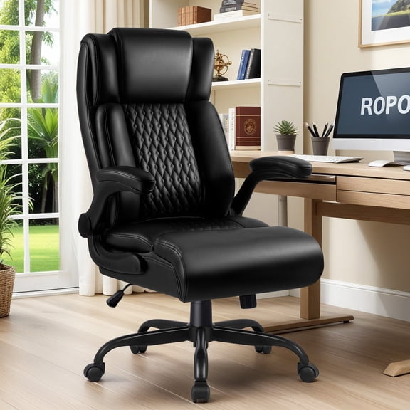 PUKAMI PU Leather Office Chair, Big and Tall Executive Office Desk Chair with Flip-up Armrest, Ergonomic Swivel High Back Office Chairs with Lumbar Support
