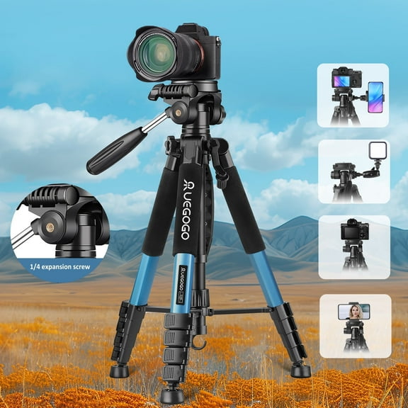 UEGOGO 74" Compact Metal Video Tripod, Lightweight Travel with 360° Ball Head，Blue，Box Set
