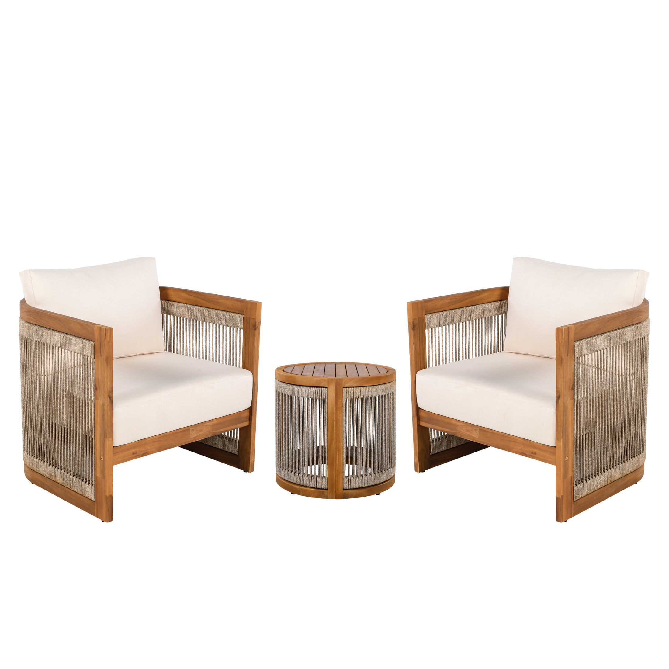 Christopher Knight Home 3-Piece Outdoor Chat Set with Side Table, Handwoven Rope and Acacia Wood Frame, Beige