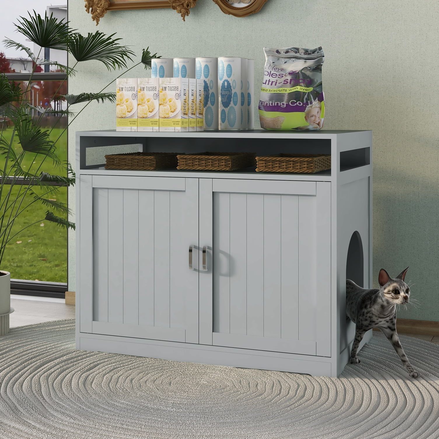 Pefilos 31" Cat Litter Box Enclosure Furniture with Hidden Plug, 2 Doors Indoor Cat Washroom, Wooden Enclused Litter Box Cat House, Gray Pefilos 31" Cat Litter Box Enclosure Furniture with Hidden Plug, 2 Doors Indoor Cat Washroom, Wooden Enclused Litter Box Cat House, Gray
