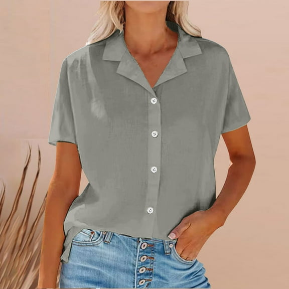 Xqxayjr Casual Shirt for Women Under $10 Summer Tops Button Down Up Cotton Linen Short Sleeve Shirts Collared V Neck Spring Tunic Tops Graduation Gifts for Her