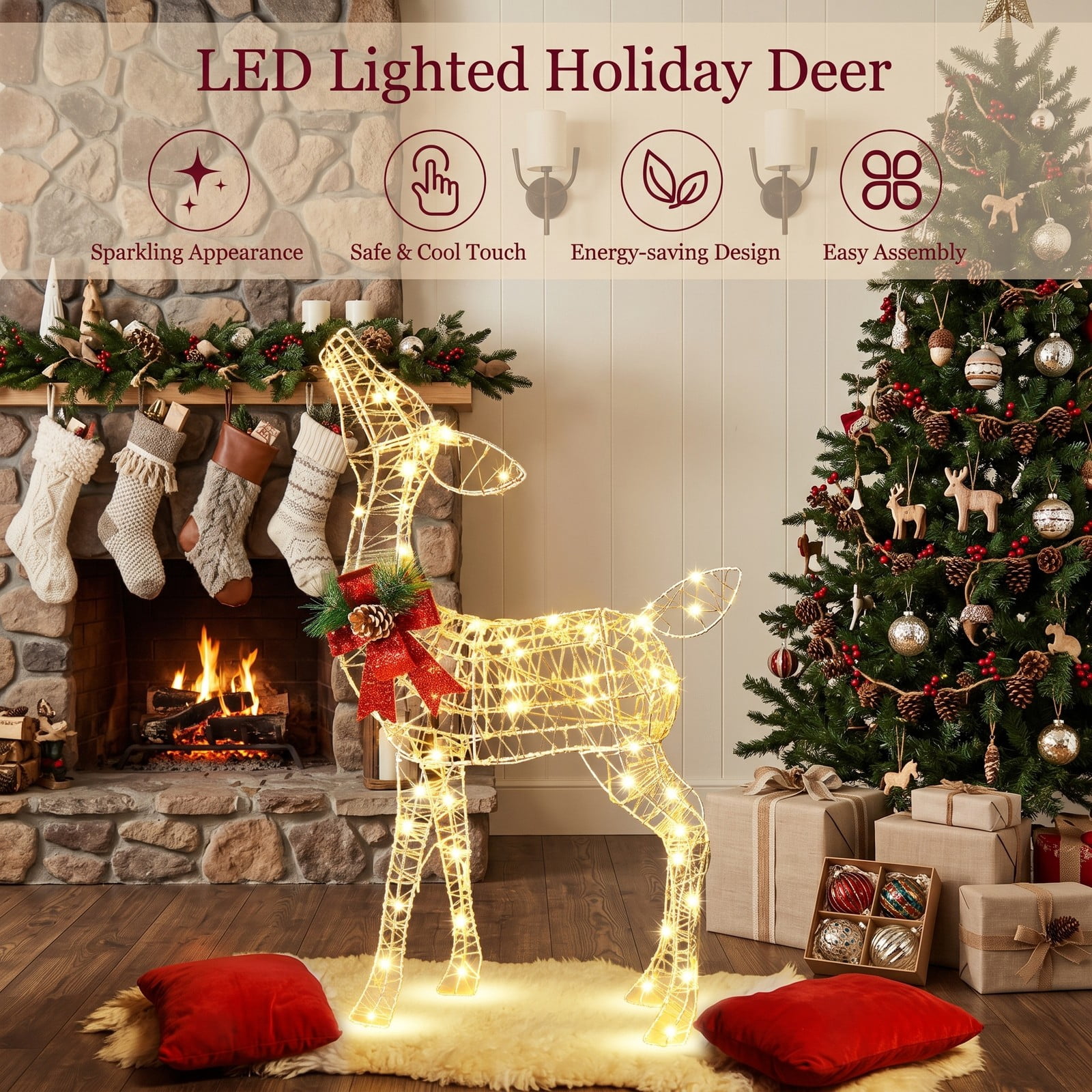 RUIE 34.5-inch Lighted Christmas Reindeer Decoration with 50 Warm White LED Lights, Pre-Lit Outdoor Yard Decor, White