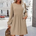 thumbnail image 2 of WTOBBY Women's Fashion Casual Solid Round Neck Pullover Loose Long Sleeve Dress Minimalist Style with Easy Pull-On Design Comfortable Fabric for Everyday Wear Wardrobe Staple,Khaki XL, 2 of 5