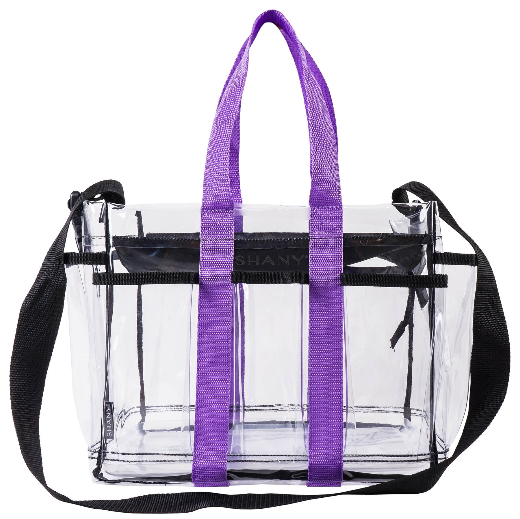 SHANY Clear Makeup Organizer and Travel Caddy – Multiple Pockets - Large, Nontoxic Plastic Tote with Black Shoulder Strap and Purple Handles