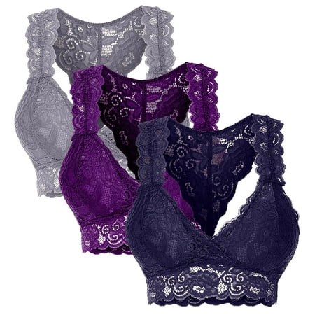 

Sksloeg Bra Comfort Floral Lace Wireless Bra Full-Coverage Wirefree Deep Cup Bra Racerback Lace Comfort Fabric Everyday Bras Pack of 3 Black M