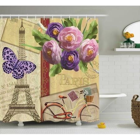 Paris France Tower - Paris Shower Curtain, French Decor Landmark Eiffel Tower Postcards with Abstract Striped Backdrop Art Print, Fabric Bathroom Set with Hooks, 69W X 70L Inches, Multicolor, by Ambesonne