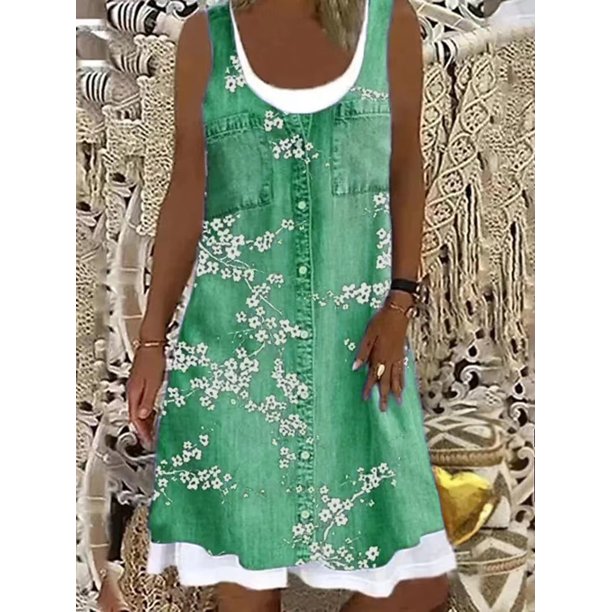 Women's A-Line Dress Sleeveless Spring Summer Casual Patchwork Print Knee Length Dress Fashion 3D Printing Denim Print DressXXL Gao Jinjia LED