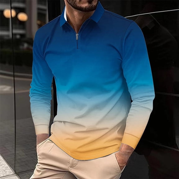 Golf Shirts for Men Big & Tall S-5X Plus Size Long Sleeve Tshirts Shirt with Zipper Collar Pullover Gradient Printed Basic Athletic Workout Tees Tops