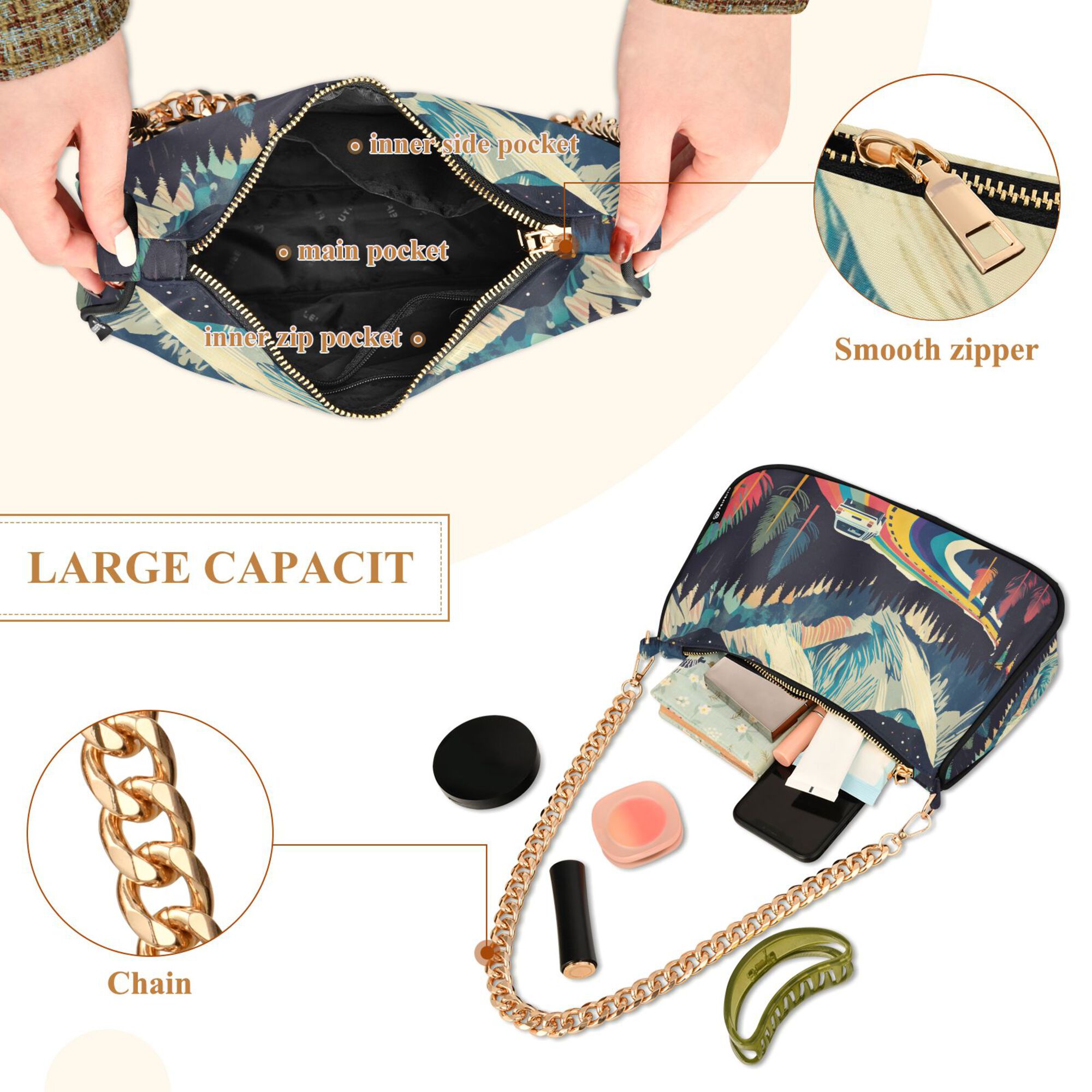 FORMRS Womens Shoulder Bag with Chain Strap Clutch Purse Cute Tote Handbag, Evening Mountain Road