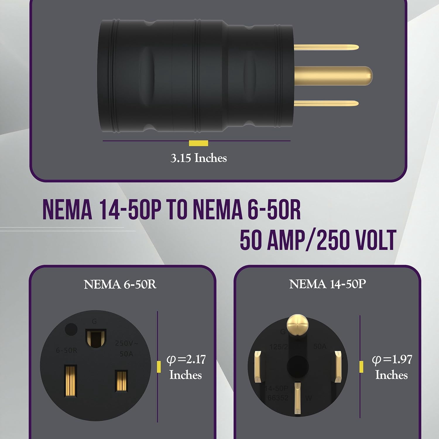 50A NEMA 14-50P to 6-50R EV Charger Adapter - 5 Prong Male to 3 Prong Female, UL Certified, 50 Amp, Black