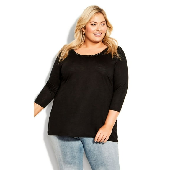 Avenue Plus Size 3/4 Sleeve Swing Trim Top Black 20W