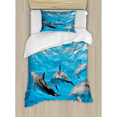 Dolphin Twin Size Duvet Cover Set, Underwater Photography of Dolphins Happily Swimming Ocean Animal Life Image Print, Decorative 2 Piece Bedding Set with 1 Pillow Sham, Blue Grey, by Ambesonne