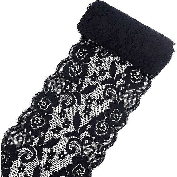 5 Yards 6 Inch Wide Stretch Elastic Lace Ribbon Floral Rose Pattern Trim Fabric Sewing for Dress Tablecloth Hair Band Wedding Decorations(Black) Black