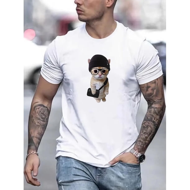 Camiseta para hombre Decoración de Novia de BodaFunny Cat With Hat And Glasses Print Men's Crew Neck Fashionable Short Sleeve Sports T-shirt, Comfortable And Versatile, For Summer And Spring, Athlet