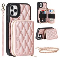 Allytech Crossbody Wallet Case for iPhone 11 Pro, Quilted PU Leather Zipper Handbag Purse Flip Kickstand Folio Card Slots Holder Wrist Strap Lanyard Cover for iPhone 11 Pro 5.8", Rosegold
